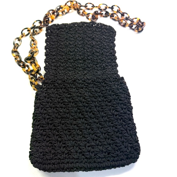 Gun Marie Nilsson NYC Black Macrame Woven Crossbody Purse Tortoise Shell Chain - Picture 4 of 8